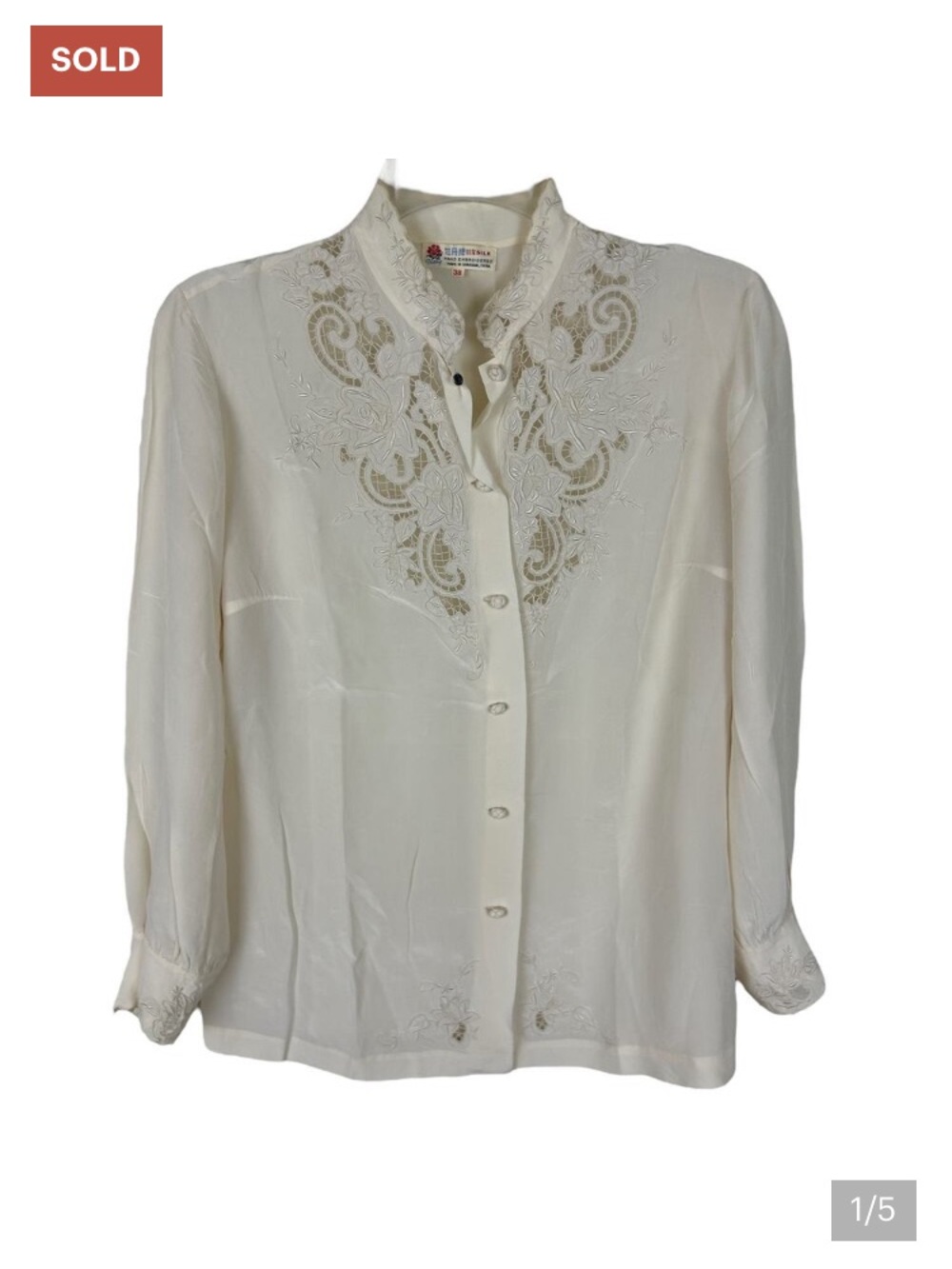 Vintage Ivory Embroidered Button-Down Silk Blouse